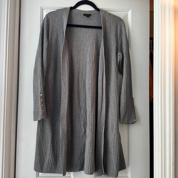 Talbots long line ribbed grey cardigan gold button detail side vents medium - Picture 1 of 5